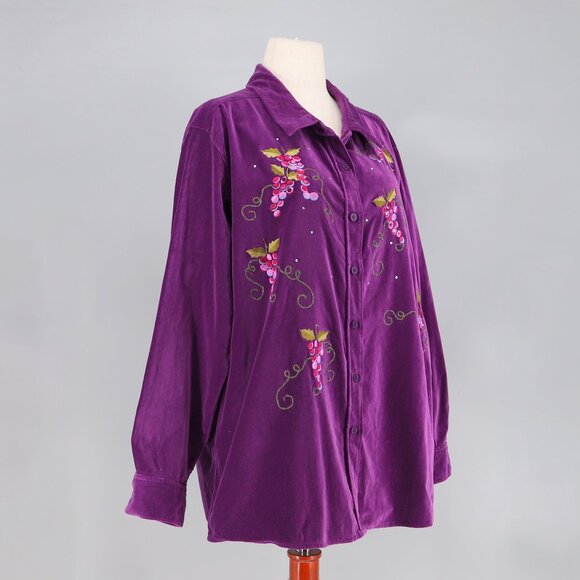 VINTAGE THE QUACKER FACTORY Velvet Grape Embroidery Button Down Shirt Size 1X - Picture 2 of 7